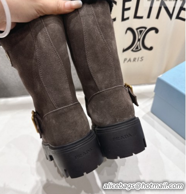 Good Quality Prada Suede and Shearling Booties with Buckle 1U187O Brown 2026