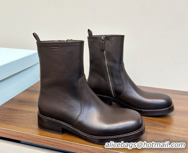 Best Product Prada Calf Leather Flat Ankle Boots Brown PR120606 1206037 2026