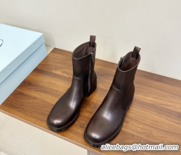 Best Product Prada Calf Leather Flat Ankle Boots Brown PR120606 1206037 2026