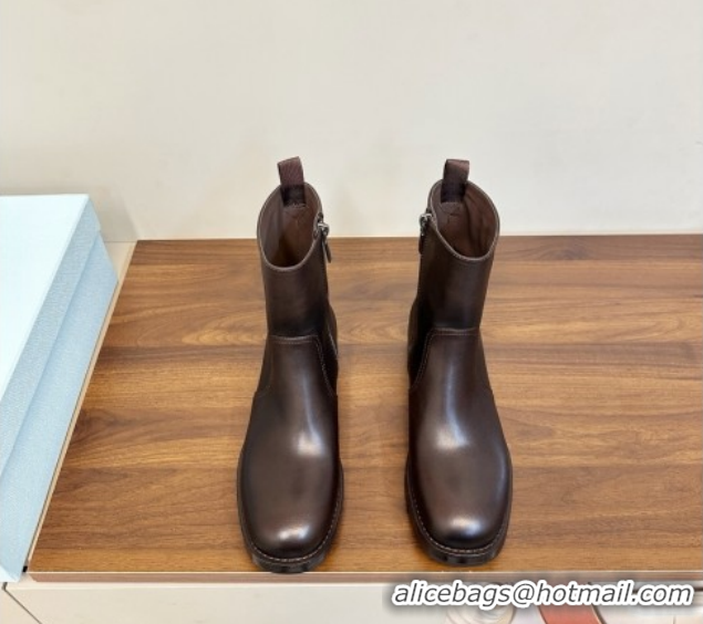 Best Product Prada Calf Leather Flat Ankle Boots Brown PR120606 1206037 2026