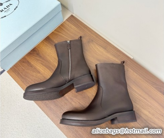 Best Product Prada Calf Leather Flat Ankle Boots Brown PR120606 1206037 2026