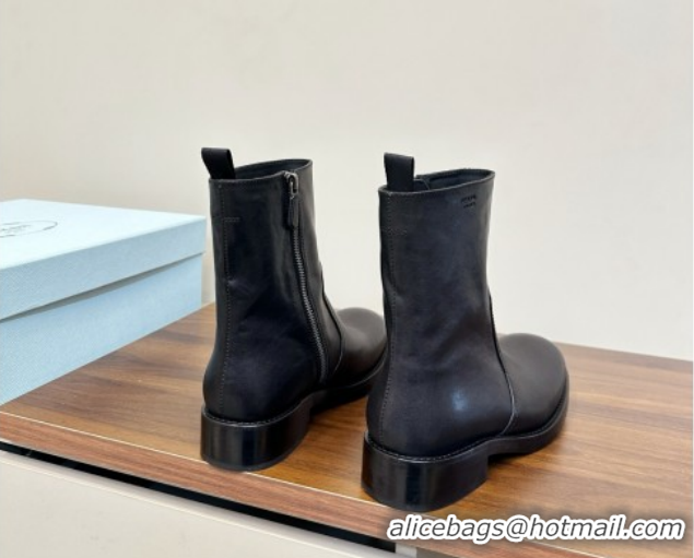 Good Quality Prada Calf Leather Flat Ankle Boots Black PR120606 1206038 2026