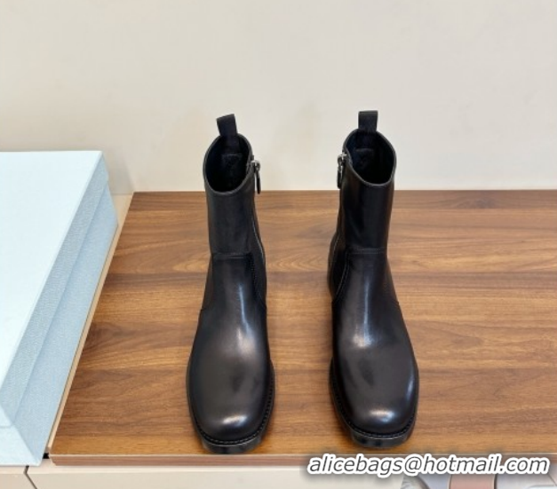 Good Quality Prada Calf Leather Flat Ankle Boots Black PR120606 1206038 2026