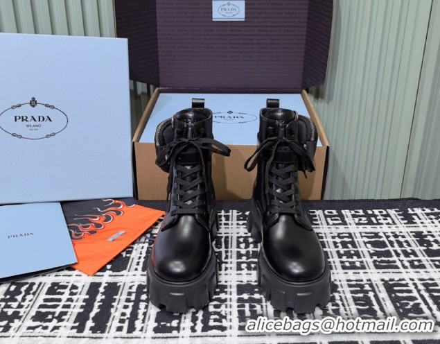Classic Prada Monolith leather and Re-Nylon combat boots with pouch 1T255M Black 2026