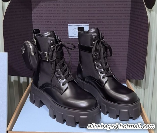 Classic Prada Monolith leather and Re-Nylon combat boots with pouch 1T255M Black 2026