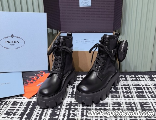 Classic Prada Monolith leather and Re-Nylon combat boots with pouch 1T255M Black 2026