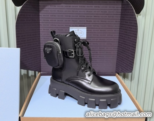 Classic Prada Monolith leather and Re-Nylon combat boots with pouch 1T255M Black 2026