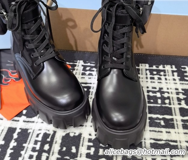 Classic Prada Monolith leather and Re-Nylon combat boots with pouch 1T255M Black 2026
