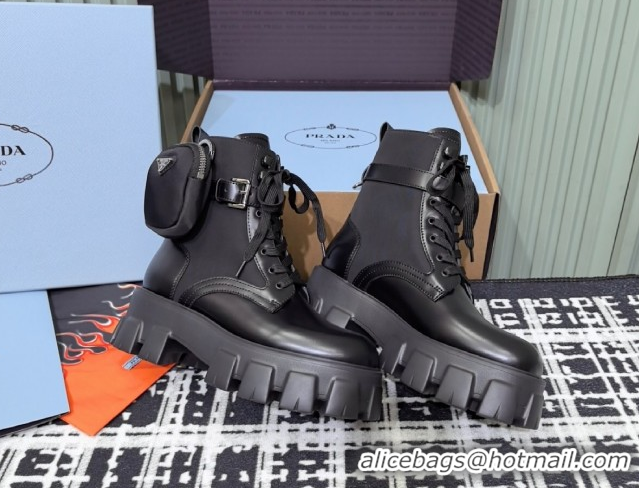 Classic Prada Monolith leather and Re-Nylon combat boots with pouch 1T255M Black 2026