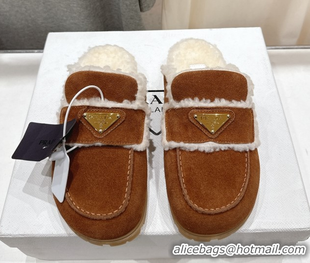 Luxury Cheap Prada Suede & Shearling Loafers P121601 Brown 121602 2026