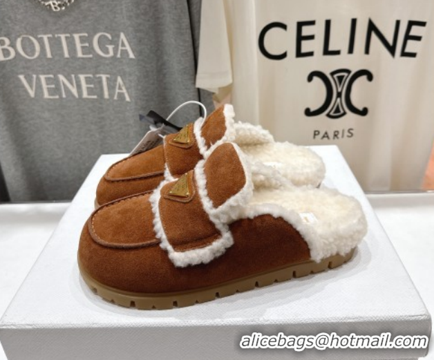 Luxury Cheap Prada Suede & Shearling Loafers P121601 Brown 121602 2026