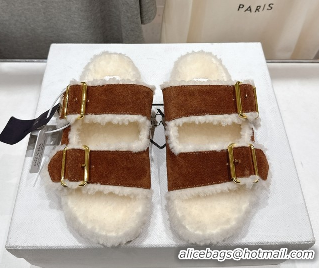 Luxury Prada Suede & Shearling Strap Slides P121603 Brown 121603 2026