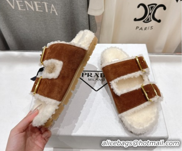 Luxury Prada Suede & Shearling Strap Slides P121603 Brown 121603 2026