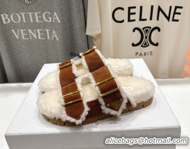 Luxury Prada Suede & Shearling Strap Slides P121603 Brown 121603 2026