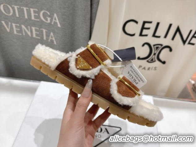Luxury Prada Suede & Shearling Strap Slides P121603 Brown 121603 2026