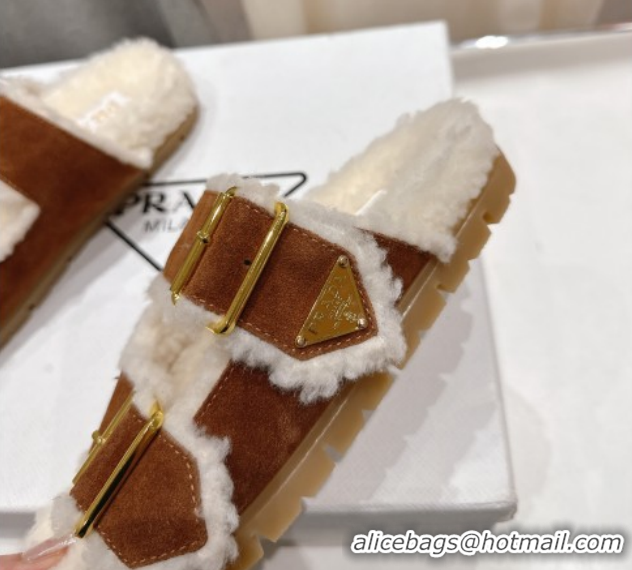 Luxury Prada Suede & Shearling Strap Slides P121603 Brown 121603 2026