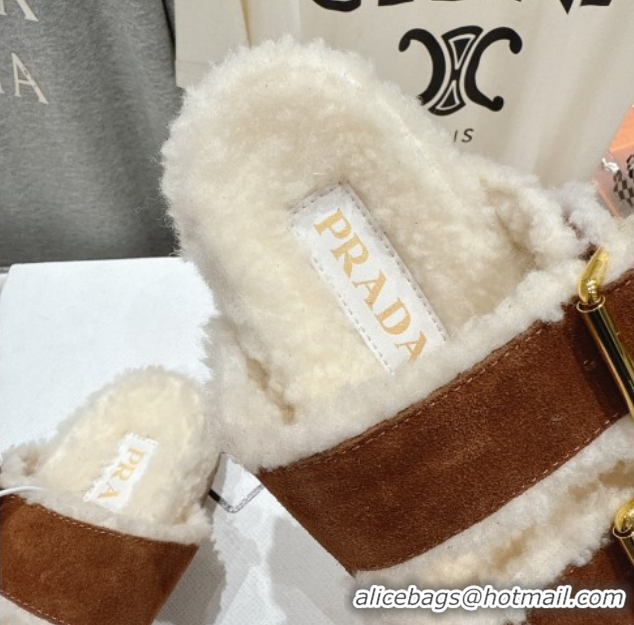 Luxury Prada Suede & Shearling Strap Slides P121603 Brown 121603 2026