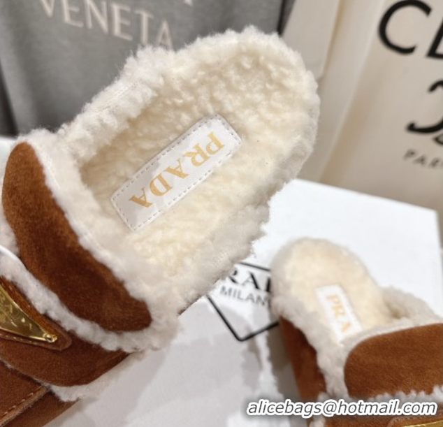 Luxury Prada Suede & Shearling Strap Slides P121603 Brown 121603 2026
