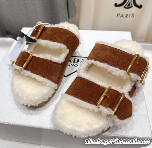 Luxury Prada Suede & Shearling Strap Slides P121603 Brown 121603 2026
