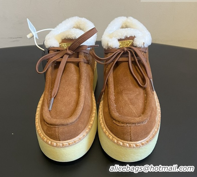 Durable Prada Suede & Shearling Platform Lace-up Boots P121604 Brown 5121604 2026