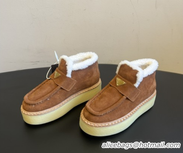 Luxurious Prada Suede & Shearling Platform Loafers P121605 Brown 5121604 2026