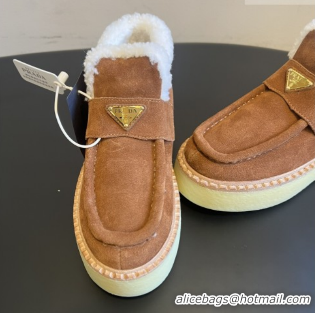 Luxurious Prada Suede & Shearling Platform Loafers P121605 Brown 5121604 2026