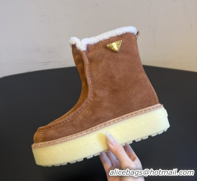 Luxury Discount Prada Suede & Shearling Platform Booties P121607 Brown 5121607 2026