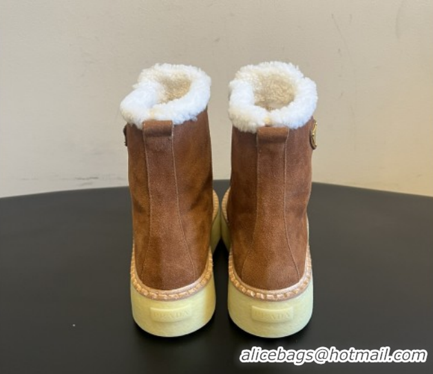 Luxury Discount Prada Suede & Shearling Platform Booties P121607 Brown 5121607 2026