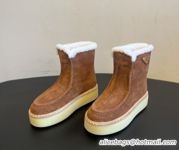 Luxury Discount Prada Suede & Shearling Platform Booties P121607 Brown 5121607 2026