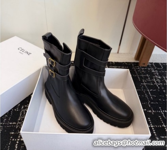 Cheap Price Celine Bulky Black Calfskin Leather Ankle Boots 4.5cm with Double Buckle CE1209022 1209062 2026