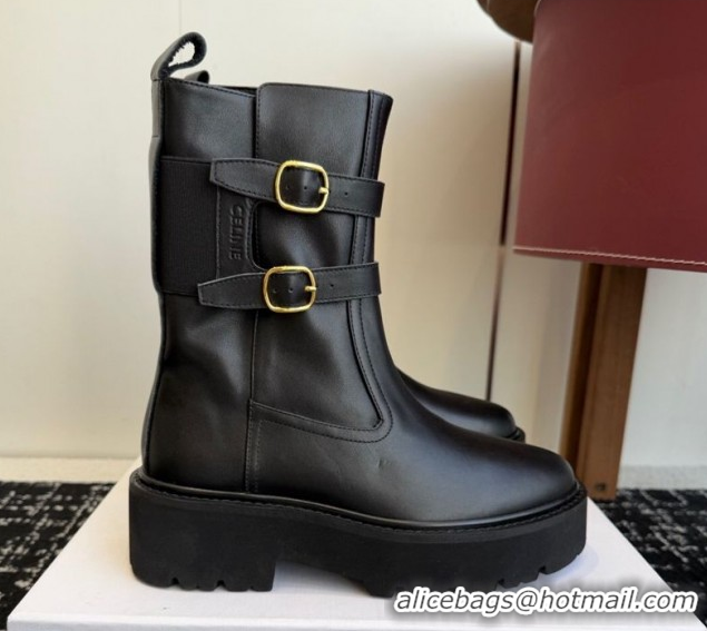 Cheap Price Celine Bulky Black Calfskin Leather Ankle Boots 4.5cm with Double Buckle CE1209022 1209062 2026