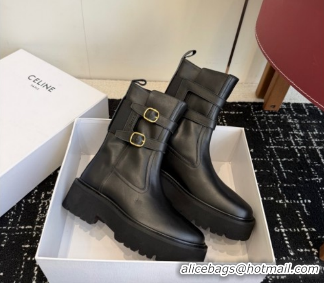 Cheap Price Celine Bulky Black Calfskin Leather Ankle Boots 4.5cm with Double Buckle CE1209022 1209062 2026