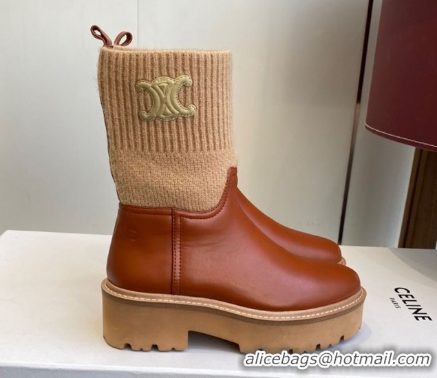 Luxury Celine Calfskin Leather and Knit Ankle Boots 4.5cm Brown CE082605 1209069 2026