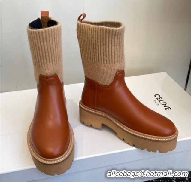 Luxury Celine Calfskin Leather and Knit Ankle Boots 4.5cm Brown CE082605 1209069 2026