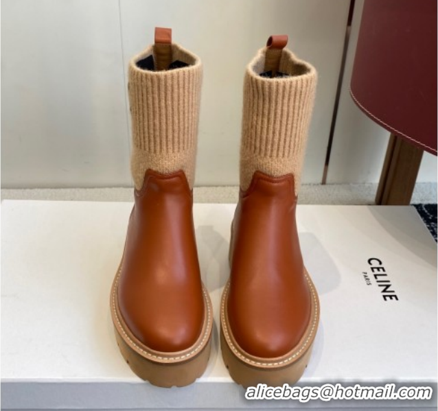 Luxury Celine Calfskin Leather and Knit Ankle Boots 4.5cm Brown CE082605 1209069 2026