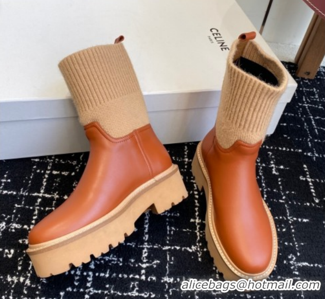 Luxury Celine Calfskin Leather and Knit Ankle Boots 4.5cm Brown CE082605 1209069 2026