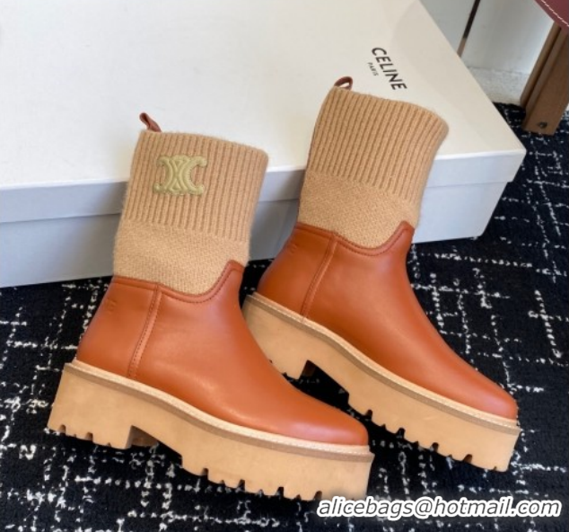 Luxury Celine Calfskin Leather and Knit Ankle Boots 4.5cm Brown CE082605 1209069 2026