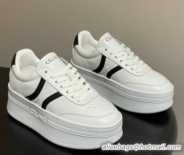 Duplicate Celine Block Platform Sneakers 5cm with Back Triomphe and Wedge Outsole in Calfskin Leather White/Black 120907