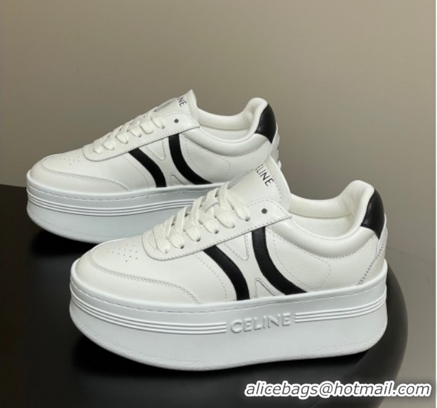 Duplicate Celine Block Platform Sneakers 5cm with Back Triomphe and Wedge Outsole in Calfskin Leather White/Black 120907
