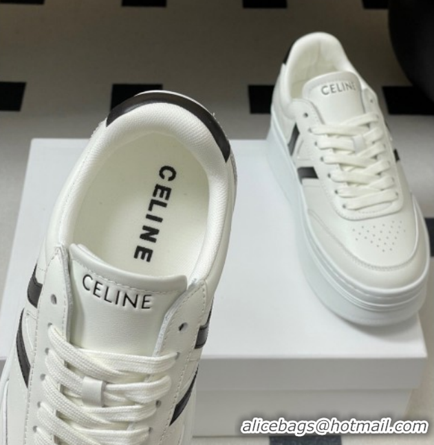 Duplicate Celine Block Platform Sneakers 5cm with Back Triomphe and Wedge Outsole in Calfskin Leather White/Black 120907