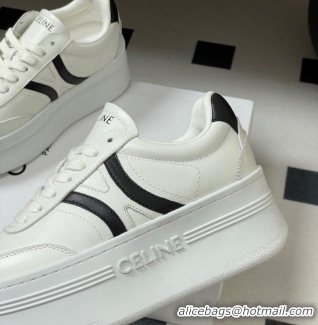 Duplicate Celine Block Platform Sneakers 5cm with Back Triomphe and Wedge Outsole in Calfskin Leather White/Black 120907