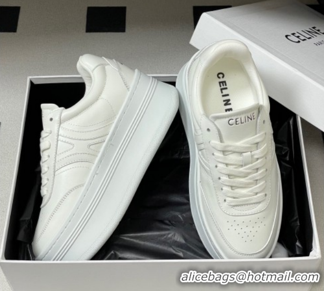 Buy Luxury Celine Block Platform Sneakers 5cm with Back Triomphe and Wedge Outsole in Calfskin Leather White 1209079 202