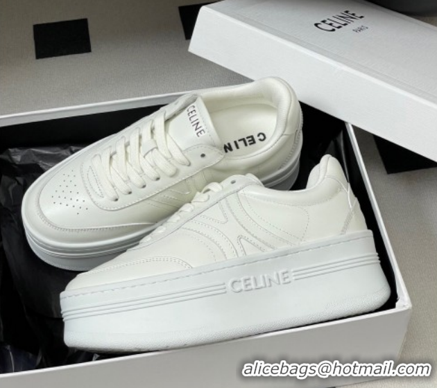 Buy Luxury Celine Block Platform Sneakers 5cm with Back Triomphe and Wedge Outsole in Calfskin Leather White 1209079 202