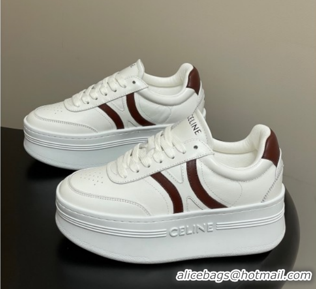 Trendy Design Celine Block Platform Sneakers 5cm with Back Triomphe and Wedge Outsole in Calfskin Leather White/Brown 12