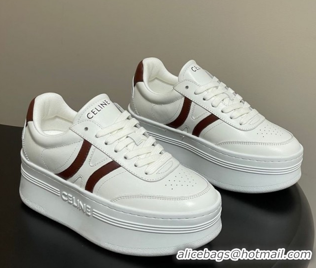 Trendy Design Celine Block Platform Sneakers 5cm with Back Triomphe and Wedge Outsole in Calfskin Leather White/Brown 12