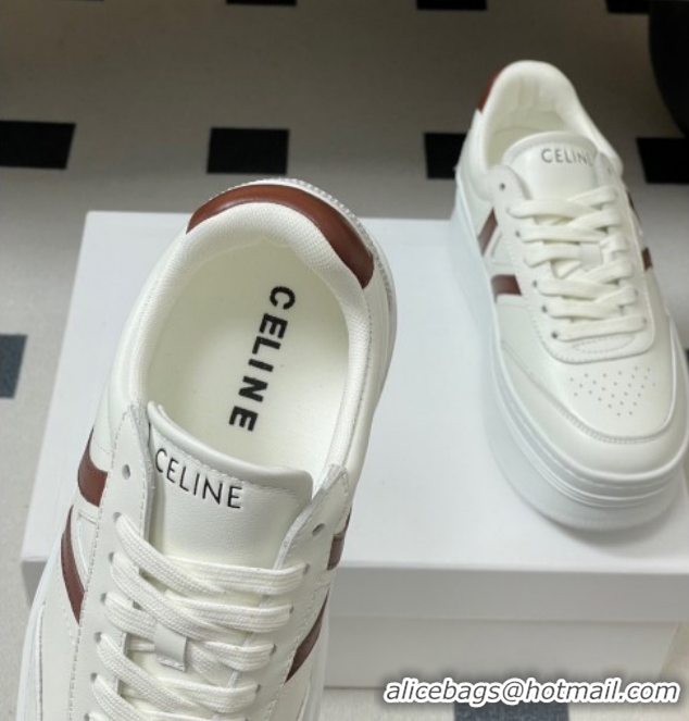 Trendy Design Celine Block Platform Sneakers 5cm with Back Triomphe and Wedge Outsole in Calfskin Leather White/Brown 12
