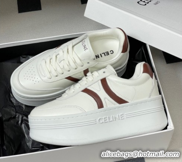 Trendy Design Celine Block Platform Sneakers 5cm with Back Triomphe and Wedge Outsole in Calfskin Leather White/Brown 12