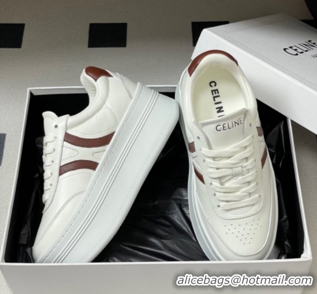 Trendy Design Celine Block Platform Sneakers 5cm with Back Triomphe and Wedge Outsole in Calfskin Leather White/Brown 12
