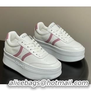 Shop Cheap Celine Block Platform Sneakers 5cm with Back Triomphe and Wedge Outsole in Calfskin Leather White/Pink 120908