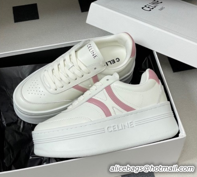 Shop Cheap Celine Block Platform Sneakers 5cm with Back Triomphe and Wedge Outsole in Calfskin Leather White/Pink 120908